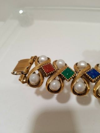 Florenza Faux Pearl & Cabochon Bracelet Earring Set Parure Vintage 2