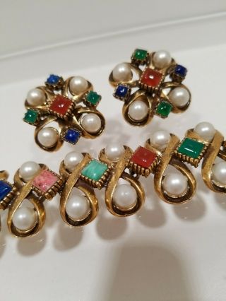 Florenza Faux Pearl & Cabochon Bracelet Earring Set Parure Vintage 3