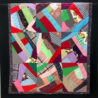 Vintage Handmade Crazy Quilt Double Knit Hand Tied Throw Blanket Farmhouse Retro