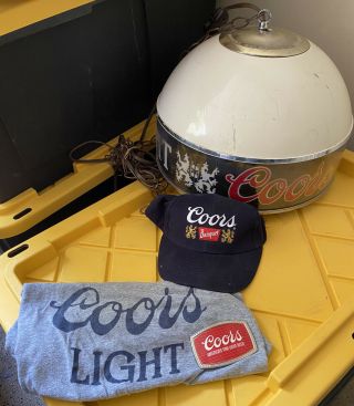 Classic Coors Beer Domed Hanging Bar Pool Light W/ T - Shirt,  Hat & Belt Buckle