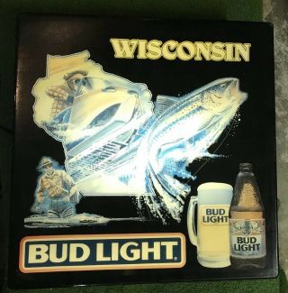 Bud Light Beer Lighted Sign Trout Fishing Snowmobile Wisconsin Budweiser