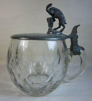 Antique C1890 German Lidded Stein Mug Cut Glass Pewter Top Figural Goat Finial