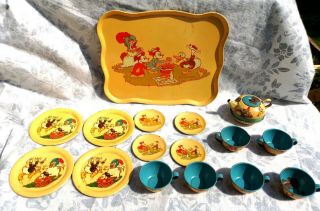 Vintage Tin Litho Walt Disney Tea Cups Sugar Creamer Bowl Tray Mickey Mouse Ohio