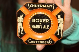 Vintage Early 1900s Schuermans Cortenberg Boxer Hard Ale Beer Metal Ashtray Sign