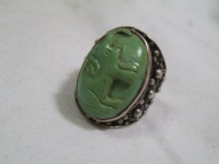 Vtg Chinese Export Silver Carved Green Turquoise Elephant Ring - Sz 7 Chunky - Ea