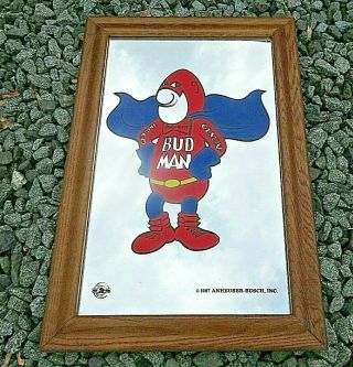 Vtg Bud Man Framed Mirror Pictured 1987 Anheuser Bush,  Inc Man Cave Bar Decor