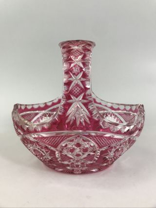 Lg Vtg Czech Bohemian Red Cut To Clear Glass Handled Basket Estate Find Nr
