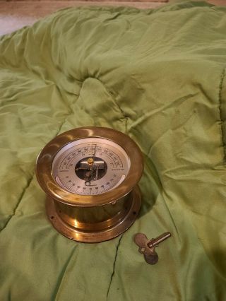 Vintage Brass Weather Barometer Thermometer For A Ship With Key Maritime.