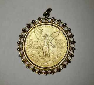 Vintage 50 Peso Mexican Coin Pendant / Necklace Centenario Gold Plated W/ Case