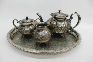 John Turton Birmingham Vintage Silver Plated Hand Chased 3 - Piece Tea Set W/tray