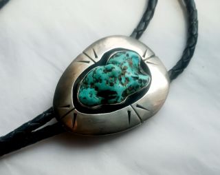Vintage Bolo Tie Sterling Silver Southwestern Large Turquoise Center Stone