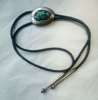 Vintage Bolo Tie Sterling Silver Southwestern Large Turquoise Center Stone 2