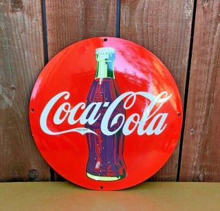Vintage Coca - Cola Bottle Convex 12 " Porcelain Enamel Sign,  Soda Pop Store Ad
