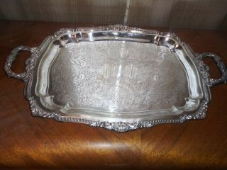 Large Heavy Vintage Double Handle Silver Tone Footed Serving Tray