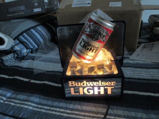 Budweiser Light Beer Sign Back Bar Light Up Mirrored Can On Ice Old Flat Top Vtg