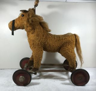 Vintage 1930s Straw Stuffed Ride - On Horse Pull Toy On Wheels