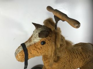 Vintage 1930s Straw Stuffed Ride - On Horse Pull Toy On Wheels 2