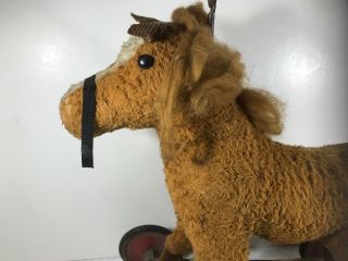 Vintage 1930s Straw Stuffed Ride - On Horse Pull Toy On Wheels 3
