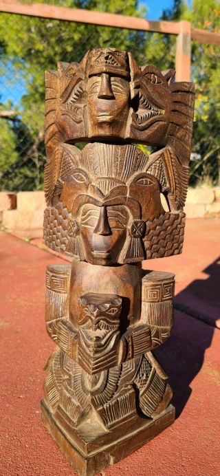 Vintage Carved Wood Totem Pole Statue,  Aztec Mayan Mexican Folk Art 15 3/4 "