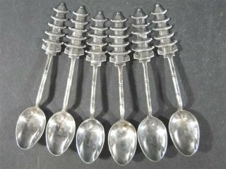 6 Vtg Kingsburg Made In Hong Kong Pagoda Sterling Silver Demitasse Spoons X6