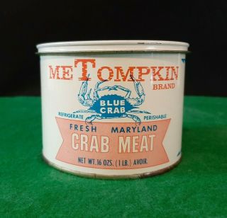 Vintage Metompkin Blue Crab Meat Oyster Tin Can Crisfield Md 1 Pound