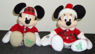 Disney Store Set Minnie & Mickey Mouse Christmas Plaid Bow 18 " Plush Doll 2017