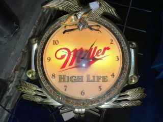 Vintage 1960 ' s MILLER HIGH LIFE Beer Lighted Wall Clock Sign Bald Eagle - Dome 2