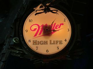 Vintage 1960 ' s MILLER HIGH LIFE Beer Lighted Wall Clock Sign Bald Eagle - Dome 3