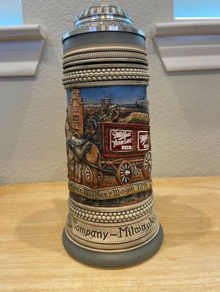 Miller Brewing Company - 1991 " Miller Delivery Wagon 1895 " Pewter Lidded Stein