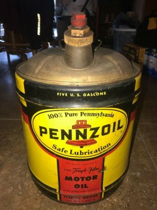 Vintage Early Pennzoil Motor Oil 5 Gallon Metal Can W/ Wood Handle