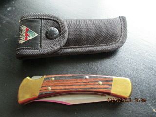 Vintage Buck 110 Folding Knife With Lock Blade And Canvas Sheath Usa