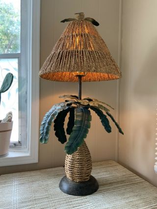 Palm Tree Table Lamp,  Vintage Tropical Hand Woven Rattan Rope & Metal