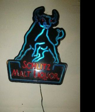 Rare Schlitz Malt Liquor Bull Lighted Beer Sign Plastic - Neon Look - Sweet