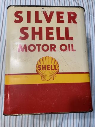 Vintage Silver Shell Motor Oil Two 2 Gallon Oil Can