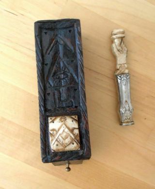 Vintage Masonic Wax Seal In Hand Carved Masonic Box.