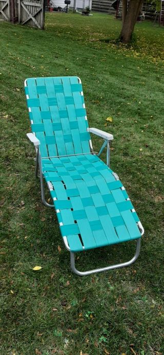 Webbed Vintage Aluminum Folding Chaise Lounge Lawn Chair Blue Turquoise Webbing
