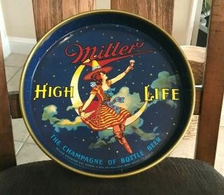 Stunning Condiiton Miller High Life Beer Metal Tin Litho Tray Girl On Moon Wi