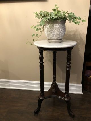Vintage Marble Top Plant Stand Spindle Style Table W/ Shelf