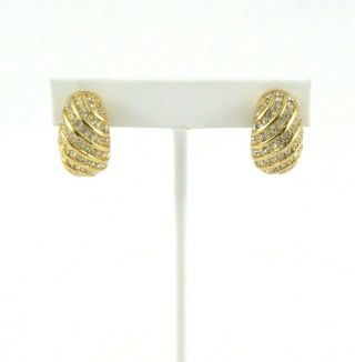 Vintage Christian Dior Clip Earrings Gold Tone Swirl Clear Rhinestones