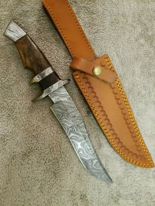 Large Damascus Bladed Bowie W/ Leather Sheath,  Knife King