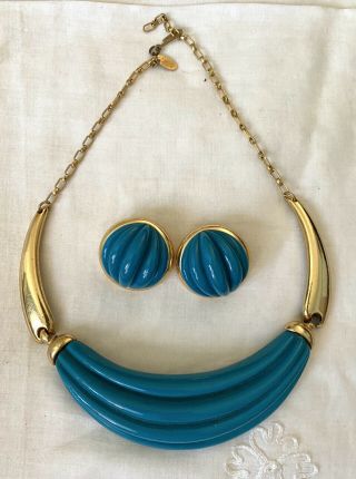 1980’s Vintage Lanvin Paris Necklace & Earrings Teal & Gold