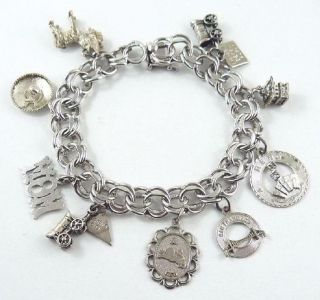 Vintage Sterling Silver Charm Bracelet With Safety Clasp & 9 Charms