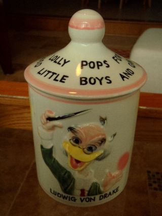 1961 Disney Mickey Mouse Lolly Pop Pink Rim Cookie Jar Canister Ludwig Von Drake