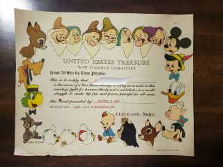 Walt Disney Issue U.  S.  Treasury War Bond Dated 1944 Vintage Collectible