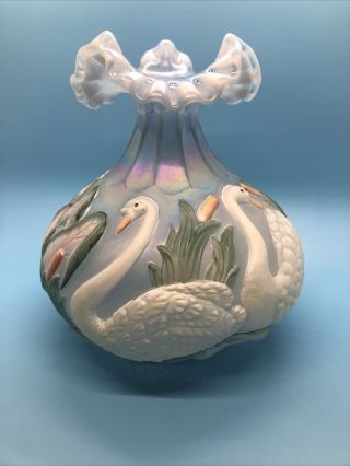 Vintage Opalescent Fenton Hand Painted Swan Vase,  Signed By Frank Fenton