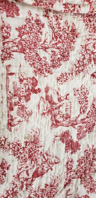 Vtg Toile Red French Country Cotton Quilt Reverse Bedspread Twin 86x92 Scalloped