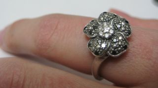 Vintage Sterling Silver Flower Ring With Black & Clear Diamonds