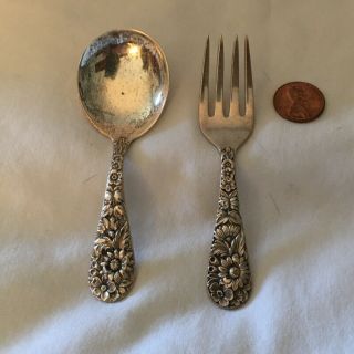 Vintage Sterling S.  Kirk & Son Repousse Spoon And Fork Childs Set