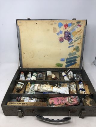 Vintage Metal Artist Tool Box With Pallet Grumbacher Paints Winsor Etc