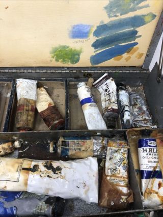 Vintage Metal Artist Tool Box With Pallet Grumbacher Paints Winsor Etc 3